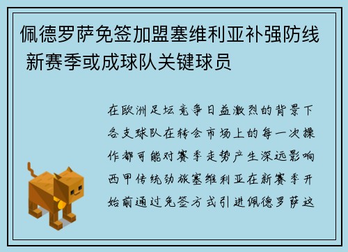 佩德罗萨免签加盟塞维利亚补强防线 新赛季或成球队关键球员